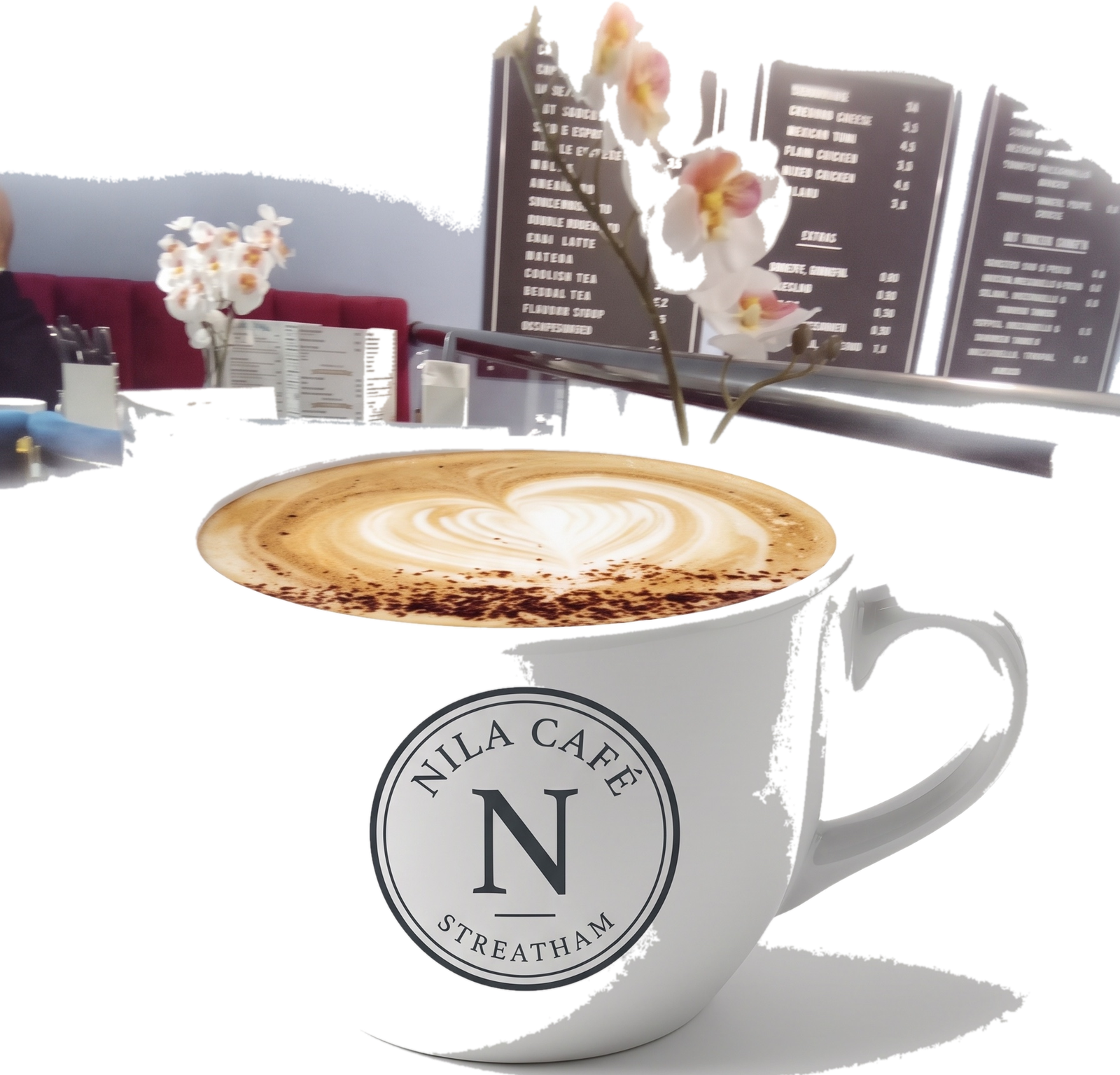 latte on table, menu behind at Nila café